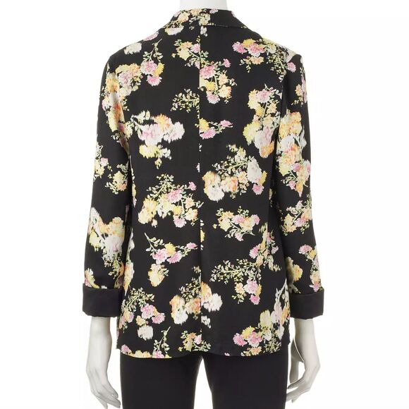 Candies Blazer Jrs Large Black Floral Open Front Unstructured Feminine Hipster - Picture 2 of 11
